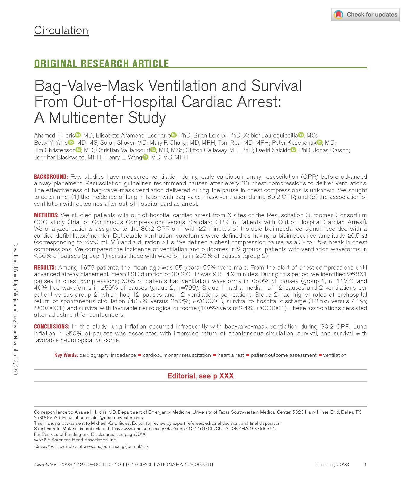 Idris et al 2023 Bag Valve Mask Ventilation Multicenter study